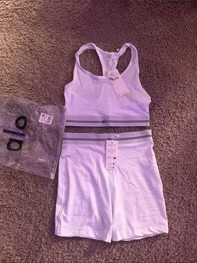 ALO Yoga Women’s Athletic Shorts and Sports Bra Set in White with Gray Waistband